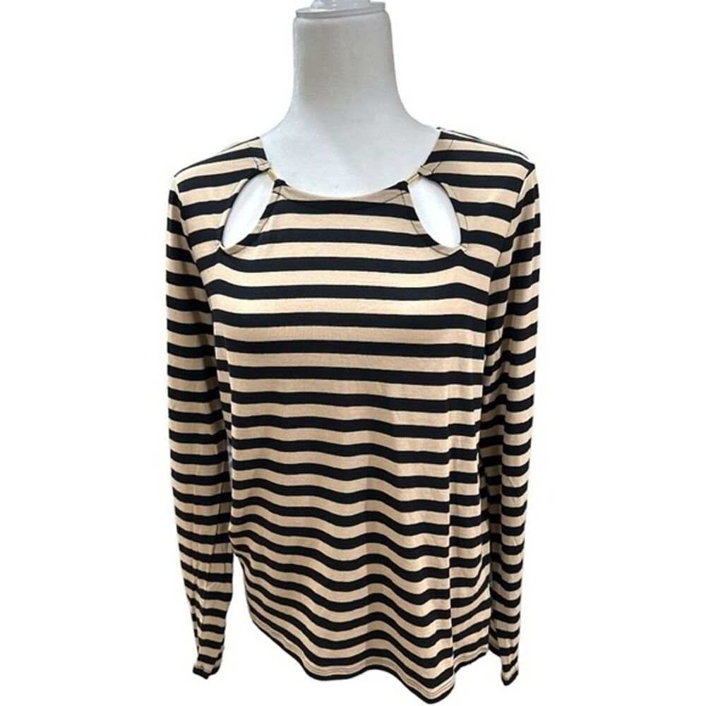 Michael Kors Womens Black Khaki Striped Blouse Size Large Long Sleeve - Picture 1 of 7